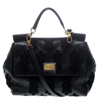 Pre Owned Dolce and Gabbana Black Leather and Lace Large Soft Miss Sicily Top Handle Bag