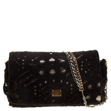 Pre Owned Dolce and Gabbana Black/Gold Crochet Wool and Satin Embellished Chain Shoulder Bag