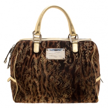 Pre Owned Dolce and Gabbana Brown/Gold Velvet Satchel