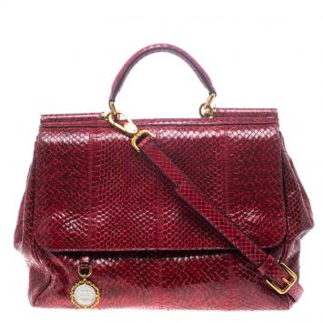 Pre Owned Dolce and Gabbana Red Python Medium Miss Sicily Top Handle Bag