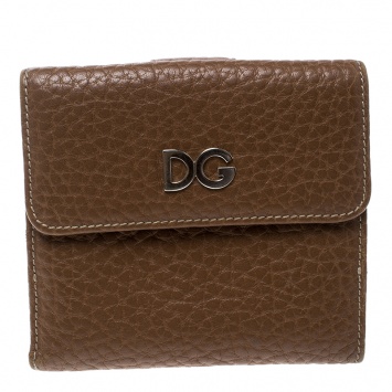Pre Owned Dolce and Gabbana Brown Leather Compact Wallet