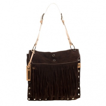 Pre Owned Dolce and Gabbana Dark Brown Suede Eyelet Fringe Shoulder Bag 