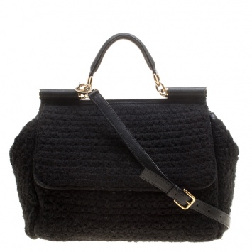Pre Owned Dolce and Gabbana Black Crochet Fabric Large Miss Sicily Top Handle Bag