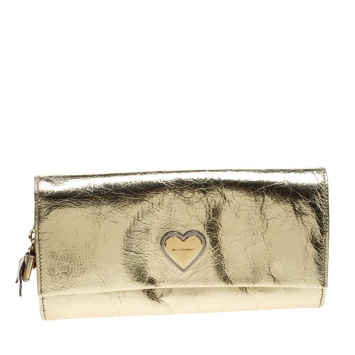 Pre Owned Dolce and Gabbana Gold Mirror Leather Heart Continental Wallet
