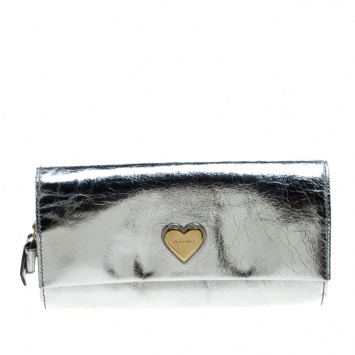 Pre Owned Dolce and Gabbana Silver Mirror Leather Heart Continental Wallet