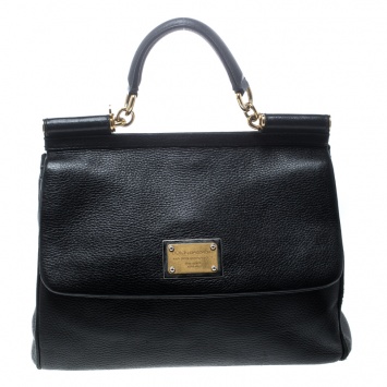 Pre Owned Dolce and Gabbana Black Leather Large Miss Sicily Top Handle Bag