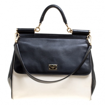 Pre Owned Dolce and Gabbana Off White/Black Leather Large Miss Sicily Top Handle Bag