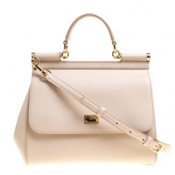 Pre Owned Dolce and Gabbana Beige Leather Medium Miss Sicily Satchel