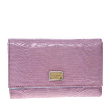 Pre Owned Dolce and Gabbana Pink/Blue Lizard Embossed Leather Flap Wallet