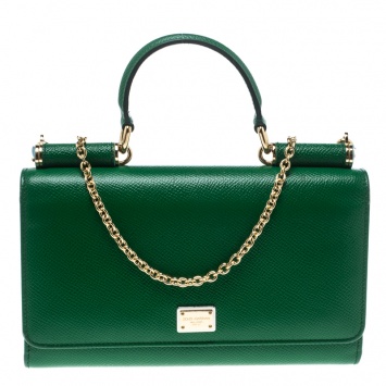 Pre Owned Dolce and Gabbana Green Leather Sicily Wallet on Chain 
