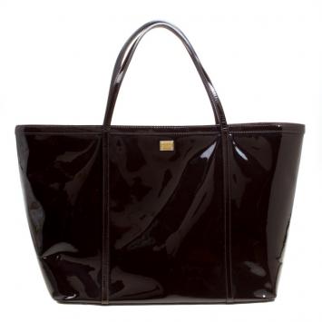 Pre Owned Dolce and Gabbana Dark Brown Patent Leather Miss Escape Tote