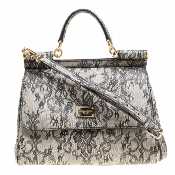 Pre Owned Dolce and Gabbana Beige Lace Print Leather Medium Miss Sicily Top Handle Bag