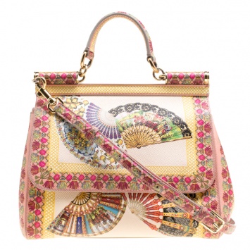 Pre Owned Dolce and Gabbana Multicolor Fan Foulard Printed Leather Medium Miss Sicily Top Handle Bag