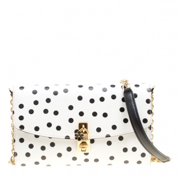 Pre Owned Dolce and Gabbana White Polka Dots Leather Padlock Chain Clutch