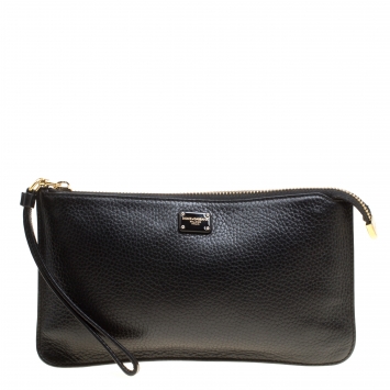 Pre Owned Dolce and Gabbana Black Leather Wristlet Clutch