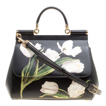 Pre Owned Dolce and Gabbana Black Multicolor Tulip Print Leather Medium Miss Sicily Top Handle Bag