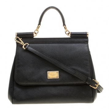 Pre Owned Dolce and Gabbana Black Leather Medium Miss Sicily Top Handle Bag