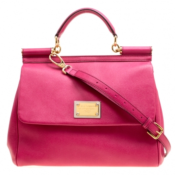 Pre Owned Dolce and Gabbana Fuchsia Pink Leather Large Miss Sicily Top Handle Bag