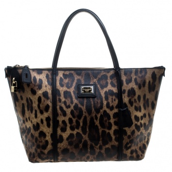 Pre Owned Dolce & Gabbana Beige Leopard Print PVC Miss Escape Tote