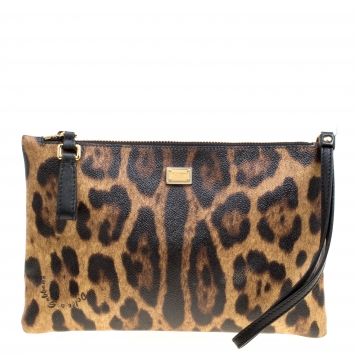 Pre Owned Dolce and Gabbana Brown Leopard Print Coated Canvas Clutch