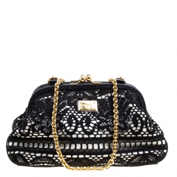 Pre Owned Dolce & Gabbana Black/White Lace and Leather Kiss Lock Frame Clutch