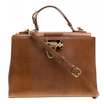 Pre Owned Dolce & Gabbana Brown Lizard Embossed Leather Large Monica Top Handle Bag