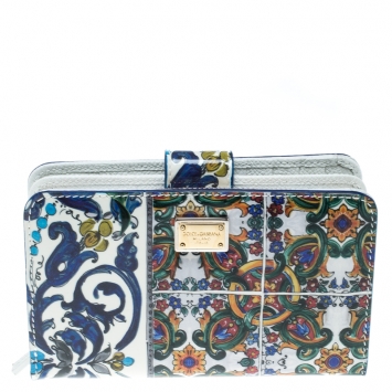 Pre Owned Dolce & Gabbana White/Multicolor Print Patent Leather French Wallet
