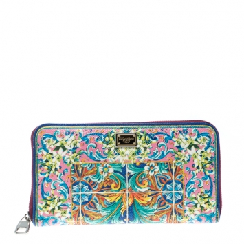 Pre Owned Dolce & Gabbana Multicolor Majolica Printed Leather Zip Around Wallet