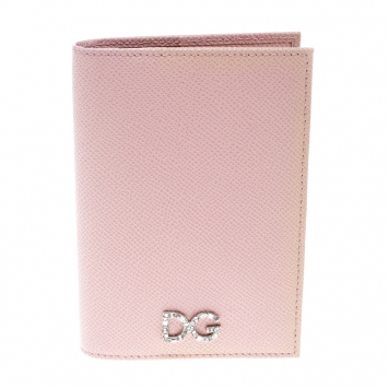 Pre Owned Dolce & Gabbana Pink Leather Crystal Logo Passport Holder