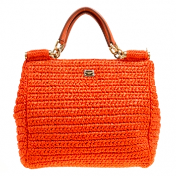 Pre Owned Dolce and Gabbana Orange Raffia Miss Sicily Top Handle Bag
