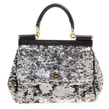 Pre Owned Dolce and Gabbana Silver/Black Sequin and Leather Small Miss Sicily Top Handle Bag