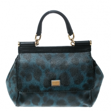 Pre Owned Dolce and Gabbana Black/Blue Animal Print Leather Mini Sicily Top Handle Bag