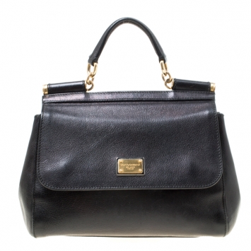 Pre Owned Dolce and Gabbana Black Leather Medium Miss Sicily Top Handle Bag