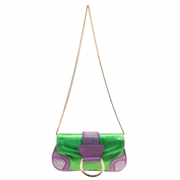 Pre Owned Dolce & Gabbana Green/Purple Satin and Suede Crystal Studded Chain Pochette