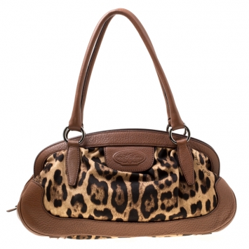 Pre Owned Dolce & Gabbana Brown Leopard Print Fabric and Leather Animalier Zip Satchel