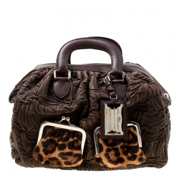 Pre Owned Dolce & Gabbana Brown Textured Leather Miss Curly Bag