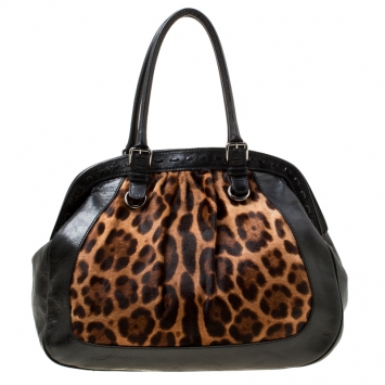 Pre Owned Dolce & Gabbana Black/Brown Leopard Print Calf Hair and Leather Miss Romantique Satchel