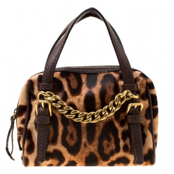 Pre Owned Dolce & Gabbana Dark Brown Leopard Print Calf Hair Mini Chain Satchel
