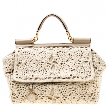 Pre Owned Dolce & Gabbana Off White/Beige Crochet Fabric Large Miss Sicily Top Handle Bag