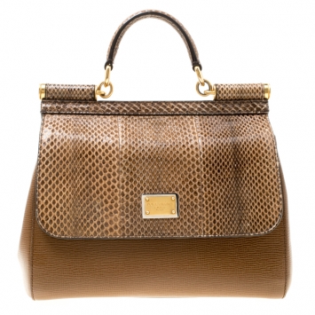 مملوكة مسبقًا Dolce and Gabbana Brown Leather and Snakeskin Medium Miss Sicily Top Handle Bag