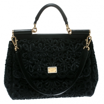 Pre Owned Dolce and Gabbana Black Crochet Raffia Large Miss Sicily Top Handle Bag