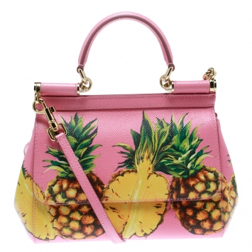 Pre Owned Dolce and Gabbana Pink Pineapple Print Leather Small Miss Sicily Top Handle Bag