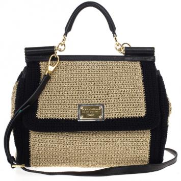Pre Owned Dolce and Gabbana Beige Woven Raffia Miss Sicily Top Handle