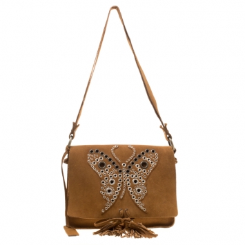 Pre Owned Dolce and Gabbana Brown Suede Butterfly Embellished Flap Bag