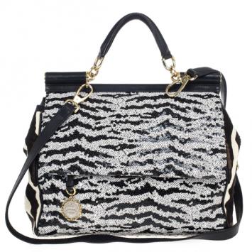 Pre Owned Dolce and Gabbana Animal Print and Sequined Miss Sicily Top Handle