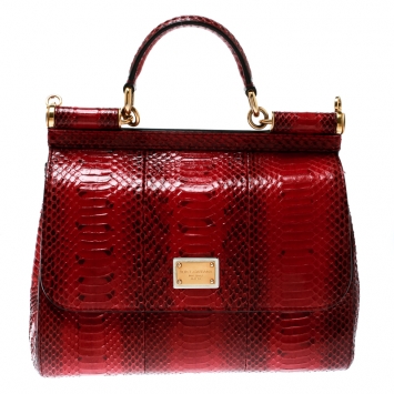 Pre Owned Dolce and Gabbana Red Python Medium Miss Sicily Top Handle Bag