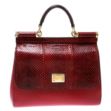 Pre Owned Dolce and Gabbana Red Leather and Python Medium Miss Sicily Top Handle Bag