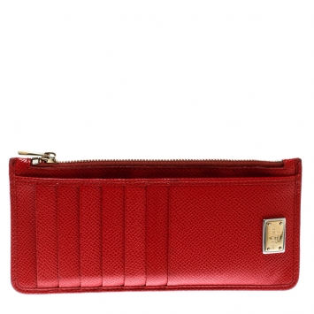 Pre Owned Dolce and Gabbana Red Leather Long Zip Card Holder