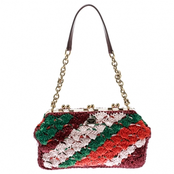 Pre Owned Dolce and Gabbana Multicolor Raffia Kiss Lock Frame Clutch