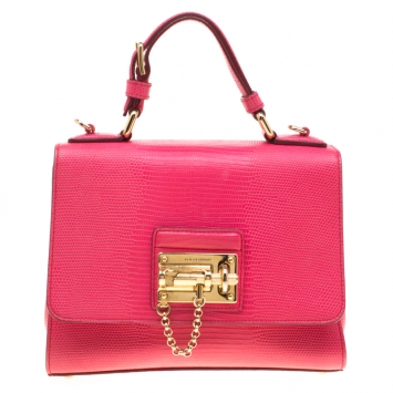Pre Owned Dolce & Gabbana  Pink Coral Lizard Embossed Leather Small Miss Monica Top Handle Bag